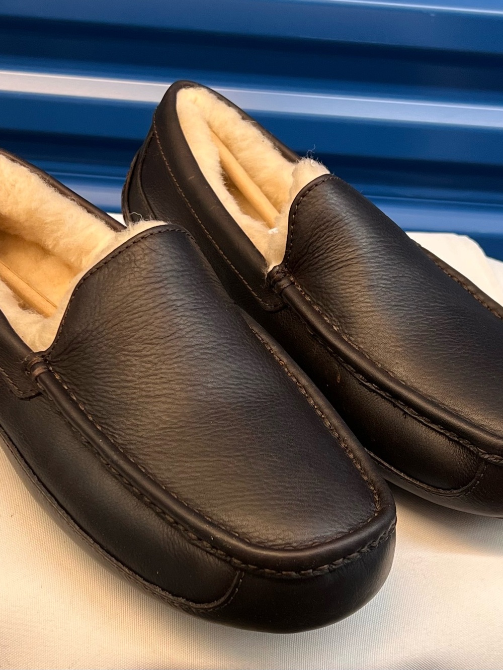 Men's UGG Black Leather Shearling-Lined Slip-On Slippers